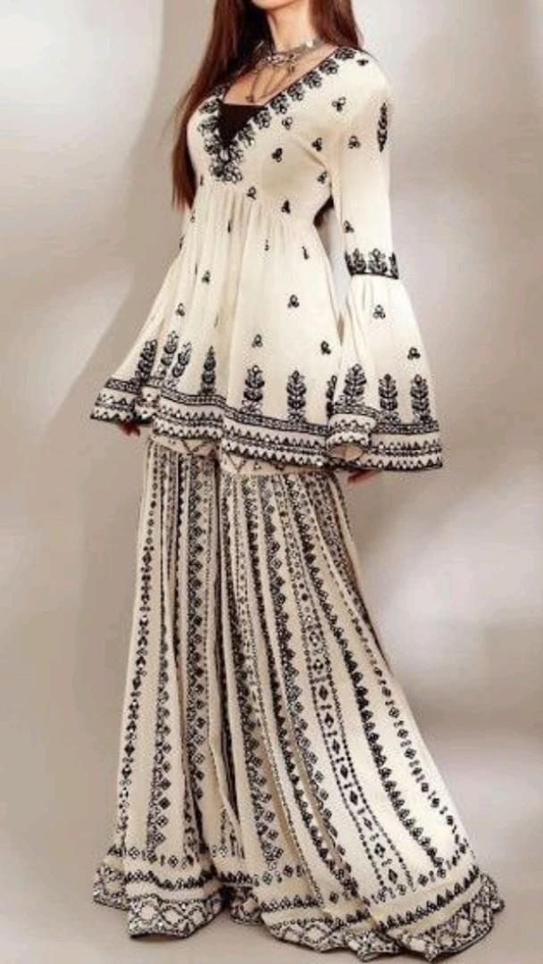 Elegant Off-White Anarkali Kurta with Black Embroidery and Flared Sharara Pants | VASTRUM Ethnic Collection